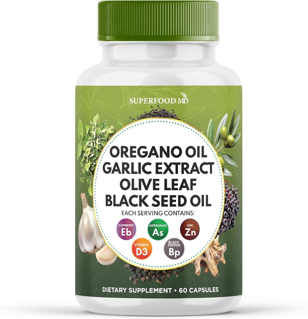 Superfood MD Oregano Öl Knoblauch Extrakt Olivenöl Blatt Schwarz Seed Öl Astragalus- für Frauen und Männer- 60 Count
