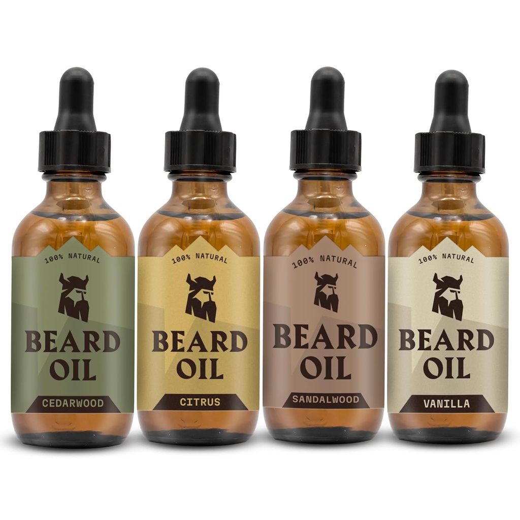 Striking Viking Beard Oil für Herren - 0.66 Fl Oz Pack von 4, Vanille, Sandalwood, Cedarwood & Citrus - Fördert Fuller Growth mit Bart Growth Oil - Cedarwood Vanilla Scents für Herren