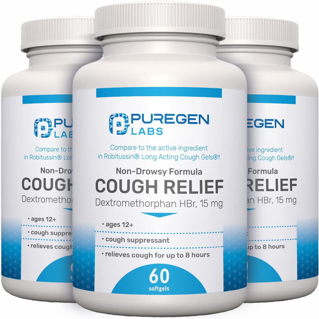 P Puregen Labs Cough Relief für Erwachsene Dextromethorphan HBr 15mg | 8-Hour, nicht-Drowsy, Long-Lasting Bronchial Suppressant | Alter 12+ | Vergleich zu Robafen und Robitussin - 3 Pack | Insgesamt 180 Softgels