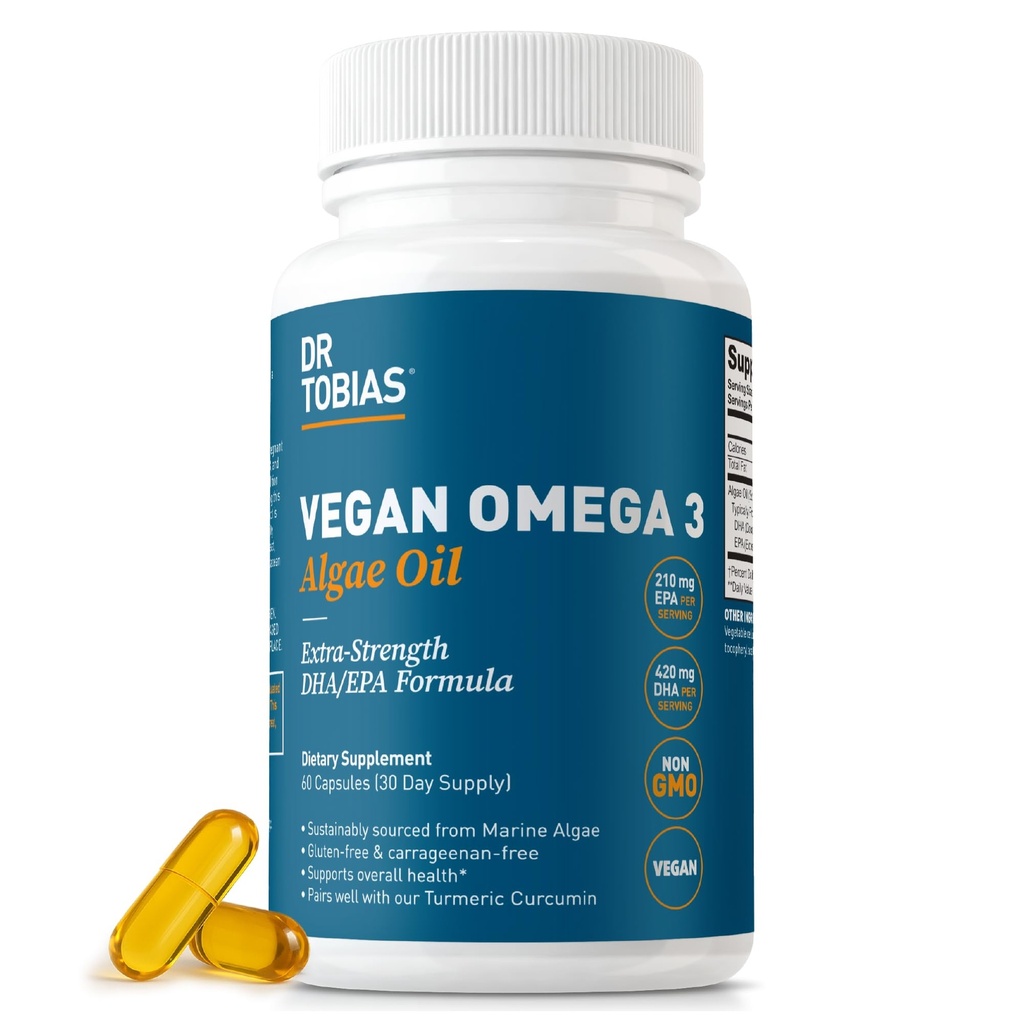 Dr. Tobias Vegan Omega 3 Supplement, 1400mg Algae Öl, 420mg DHA, und 210mg EPA per Servieren, Non-GMO, Glutenfrei, Carrageenan-frei, 60 Kapseln, 30 Servietten