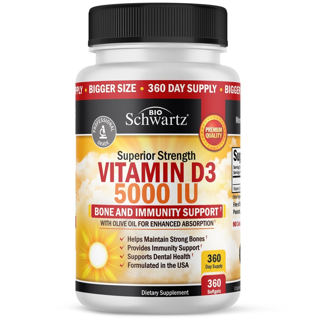 Vitamin D3 5000 IU (125 mcg) Natürliche Immununterstützungsergänzung, Knochenfestigkeit, Gesunde Muskelfunktion, mit Olivenöl für höchste Absorption, Glutenfrei & Non-GMO, 1 Jahr Versorgung, 360 Softgels
