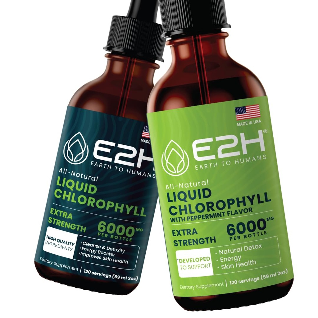 E2H: Chlorophylle liquide Saveur naturelle et menthe poivrée Saveur végétale, non-OGM - 2 Fl Oz chacun (4 Fl Oz Total) - Ensemble
