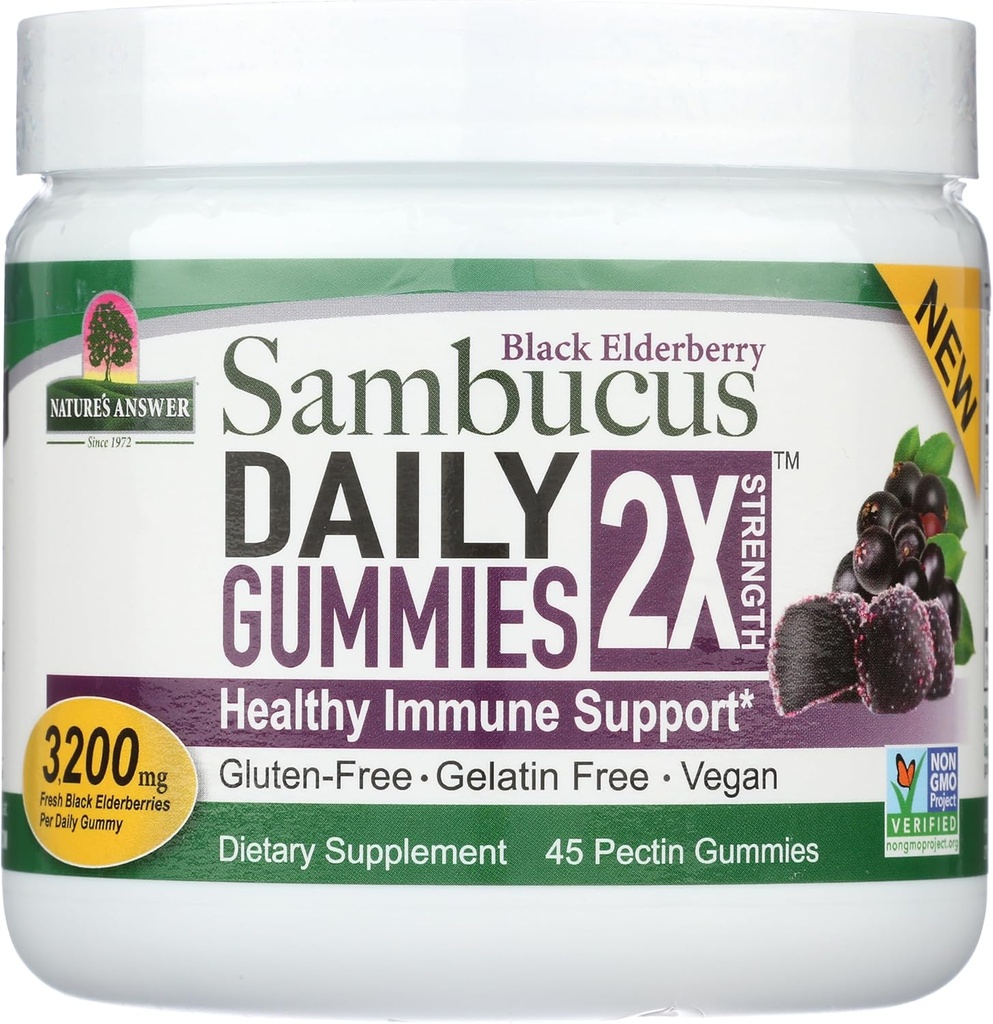Nature's Answer Sambucus Daily Gummies | 2X Mehr Elderberry 3200 mg Konzentration | Alkoholfrei, Glutenfrei, Gelatinfrei, Vegan, Non-GMO und keine Konservierungsstoffe | (45 Graf (Pack von 1)