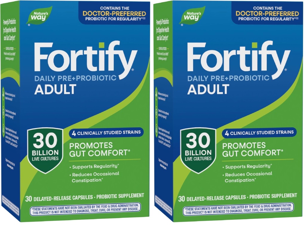 Nature's Way Fortify Daily Pre+Probiotique Adulte 30 milliards, probiotiques pour le soutien immunitaire et digestif de la santé*, 30 milliards de cultures vivantes, 30 capsules (paquet de 2)