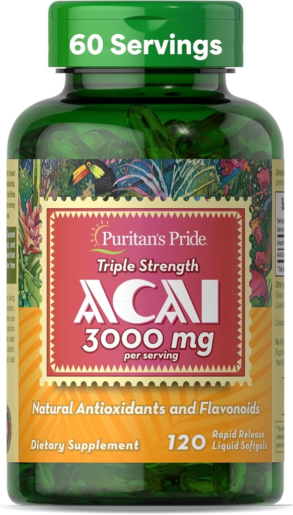 Puritan's Pride Triple Strength Acai 150 MG (3000 mg Äquivalent) mit Antioxidantien und Flavonoiden, 2 Month Supply, 120 Rapid Release Liquid Softgels