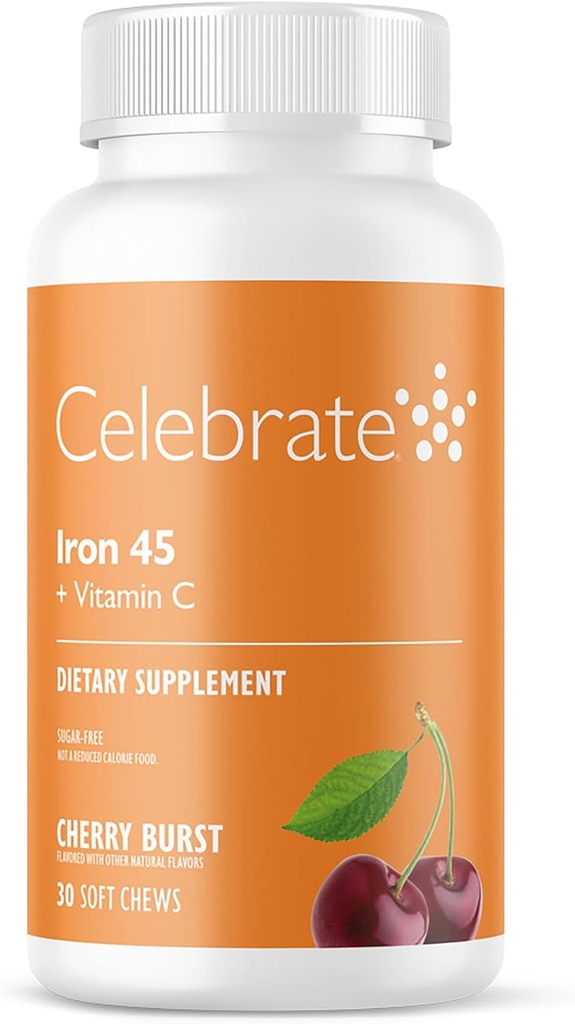 Celebrate Vitamine Eisen-Ergänzung mit Vitamin C - 45mg Eisen, 60mg Vitamin C, Bariatric Vitamine für WLS Patienten, Vertical Sleeve & Gastric Bypass Chirurgie - Kirsche, 30 Soft Chews