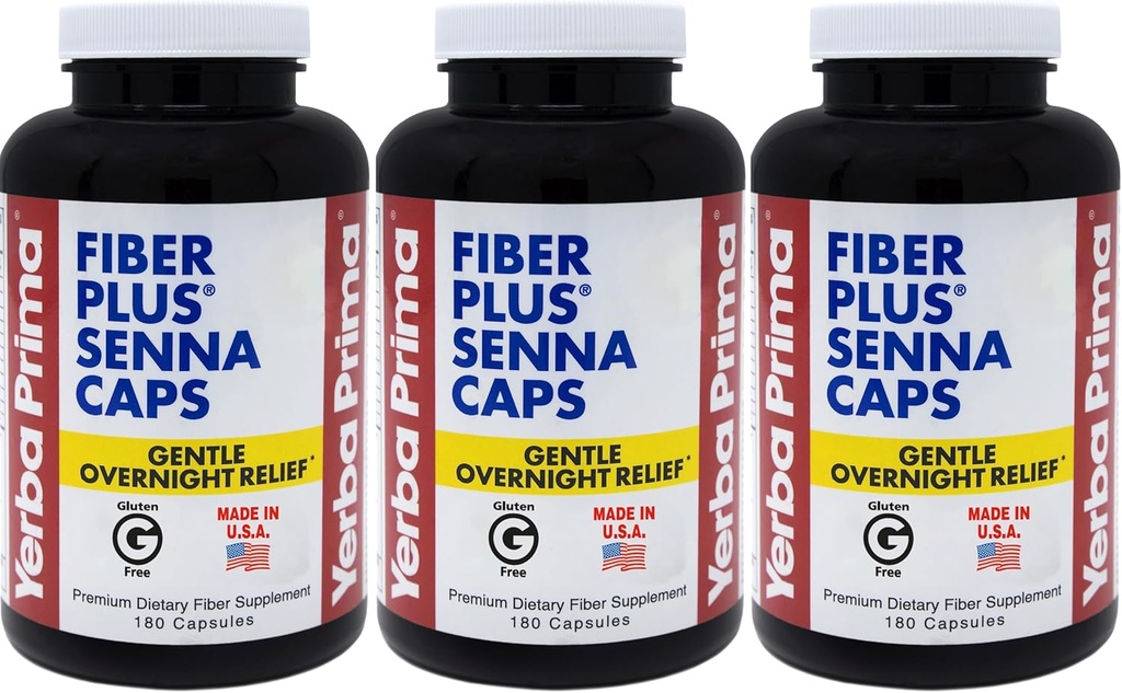 Yerba Prima Fiber Plus Senna Capsules, 180 Count (Pack von 3) - 118 Servierungen von Gentle Overnight Relief, USA Made, Non-GMO, für Short-Term Verwendung, um Regularität wiederherzustellen