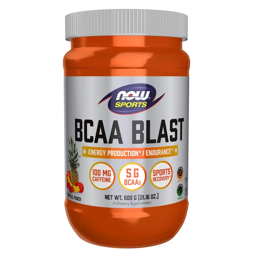 NOW Foods Sports Nutrition, BCAA Blast Powder, 5 g BCAA, 100 mg de caféine, Tropical Punch, 600-Grams