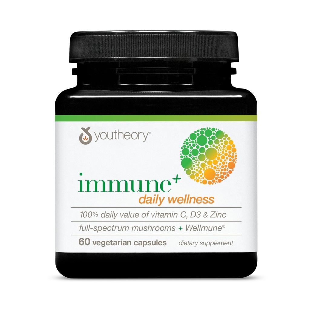 Youtheory Immune+ Daily Wellness - Vegetarische Immununterstützungsergänzung mit Vitamin C, Vitamin D3 & Zink* - Pilzergänzung mit Türkei-Tail, Cordyceps & Reishi - 60 vegetarische Caps