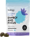 Breakroom Labs Energy and Focus Gummies – Low Caffeine 25mg w/L-Theanin, Lions Mane, Vitamin B12 – Nootropic Brain Supplement für Erwachsene, Kinder - Vegan, Low Sugar, Blue Raspberry Flavor, 15 Portionen