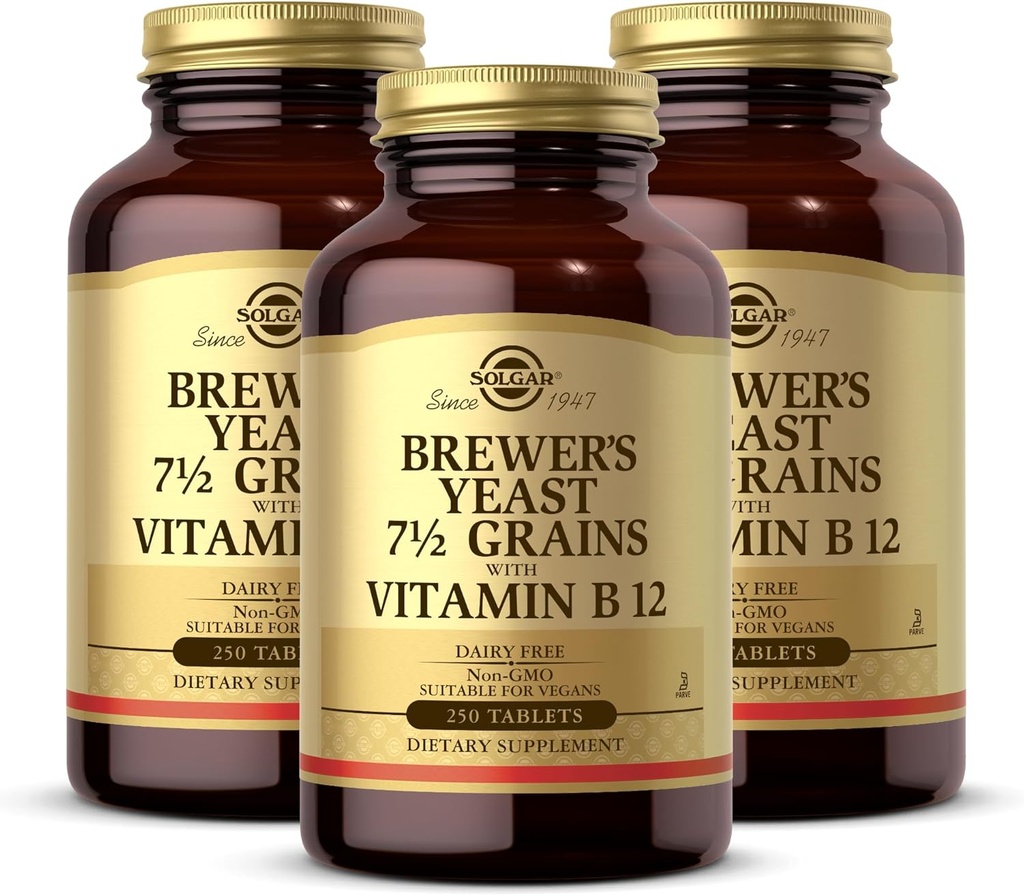 Solgar Brewer's Yeast 7 1⁄2 Getreide mit Vitamin B12-250 Tabletten, Packung mit 3 - Non-GMO, Vegan, Dairy Free, Kosher - 123 Alle Servierungen