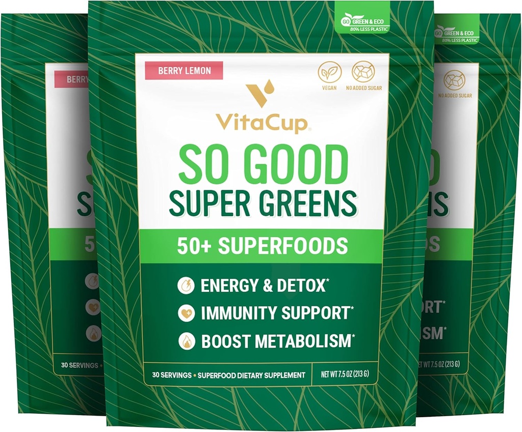 VitaCup Super Greens Powder Smoothie & Juice Mix w/ 50+ Premium Superfoods, Digestive Health, Bloating Relief, Detox, Gut Health w/Probiotics, Antioxidantien, Berry Lemon, 30 Portionen Jede, 3 Taschen