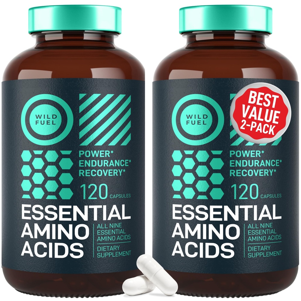WILD FUEL Essential Amino Acids Supplement für Damen und Herren - Alle 9 BCAAs Amino Acid Complex for Power and Recovery - EAA Lysine, Tryptophan, Isoleucine - 2 Pack 240 Vegan BCAA Kapseln