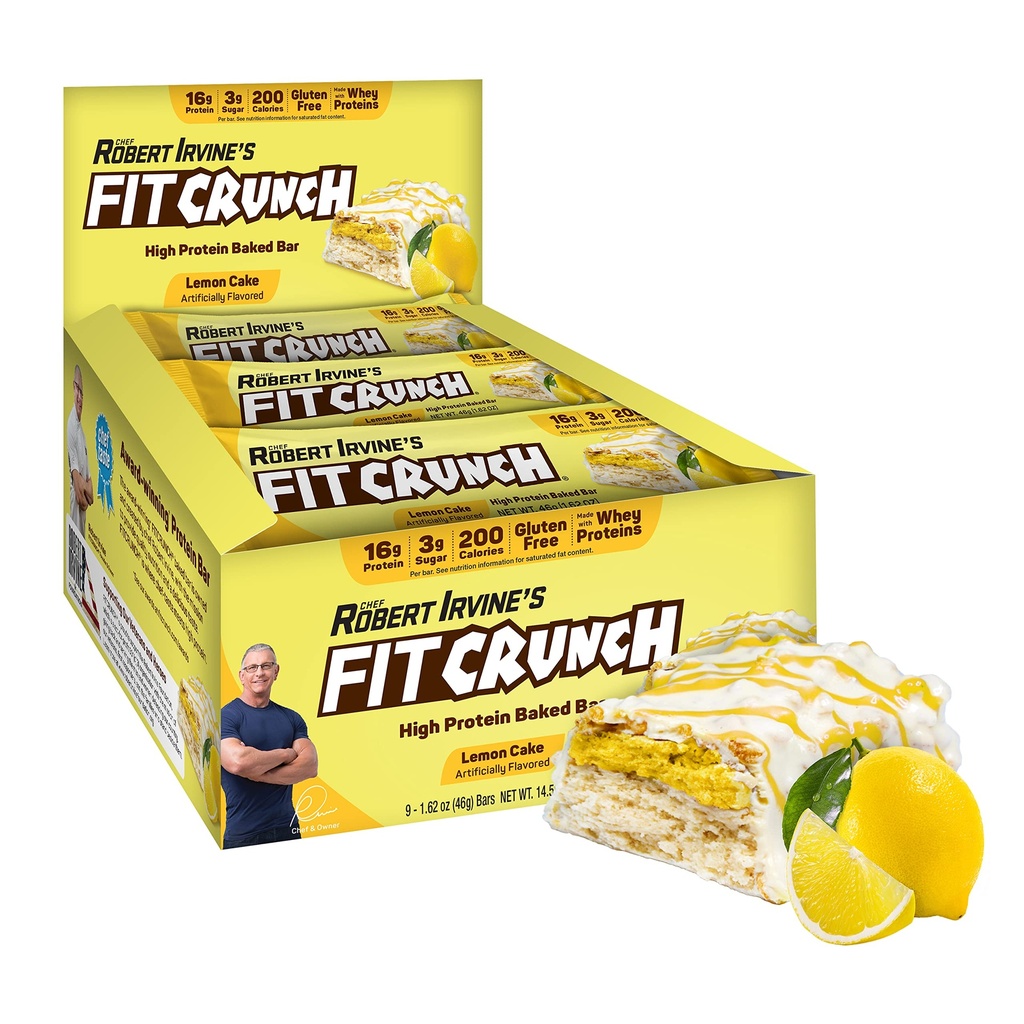 FITCRUNCH Snack Size Protein Bars, 6-Layer Baked Bar, 3g of Sugar & Soft Cake Core (9 Bars, Lemon Cake)
