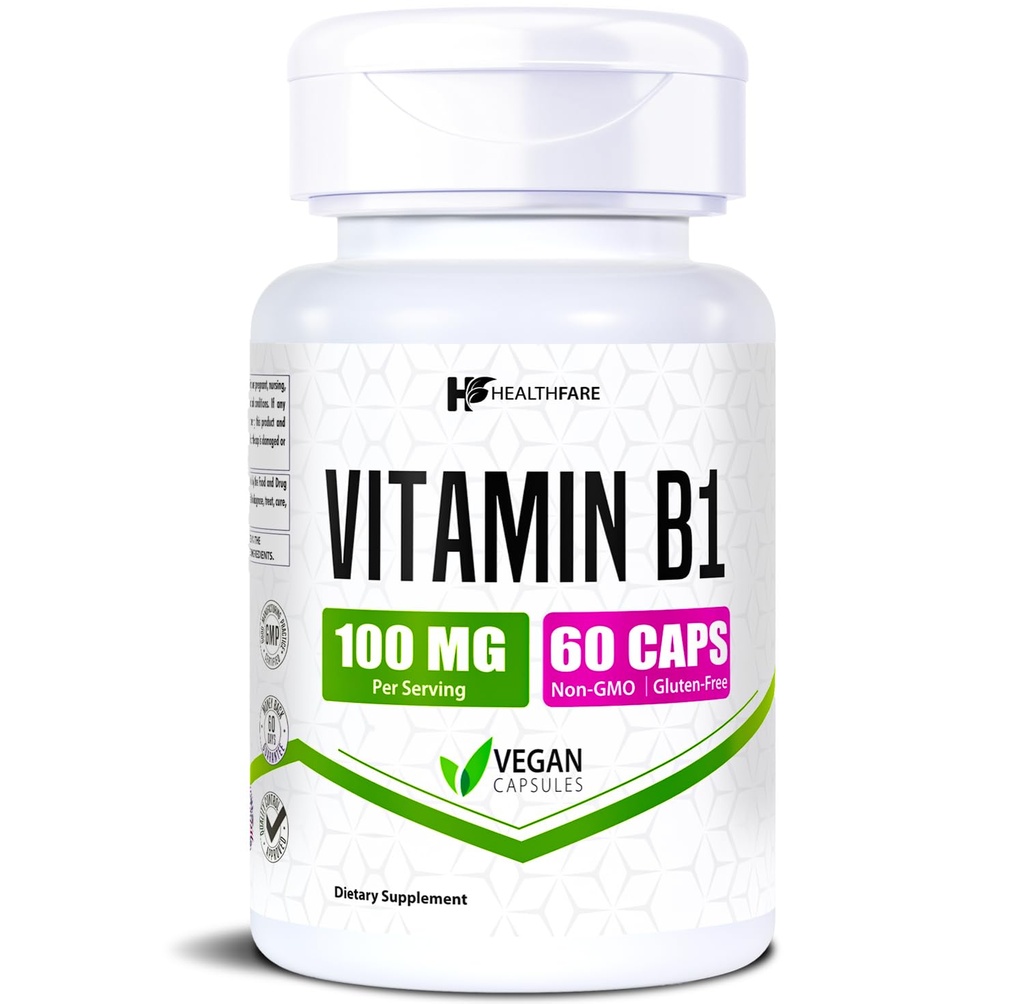 Healthfare Vitamin B1 100mg | 60 Kapseln | Thiamine Supplement | Unterstützt Gesamtgesundheit | Non-GMO | Glutenfrei (60 Kapseln)