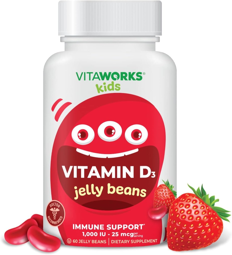 Enfants Vitamine D 1000 UI Jelly Beans - Taste Natural Strawberry Flavor, Végétarien, Sans OGM, Sans gluten, Sans noix Vitamines - Supplément alimentaire pour le soutien immunitaire - pour les enfants - 60 gelées
