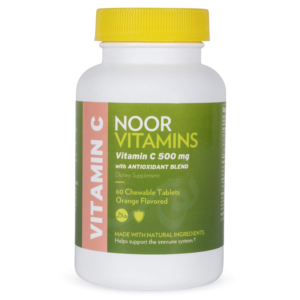 Noor Vitamine 500 MG Halal Vitamin C Kautabletten + Rose HIPS und Antioxidantien Ich unterstützt Immunsystem I Vegan, Gluten Free & Halal Vitamin 60 Orange Flavored Kautabletten I 2 Monat Versorgung
