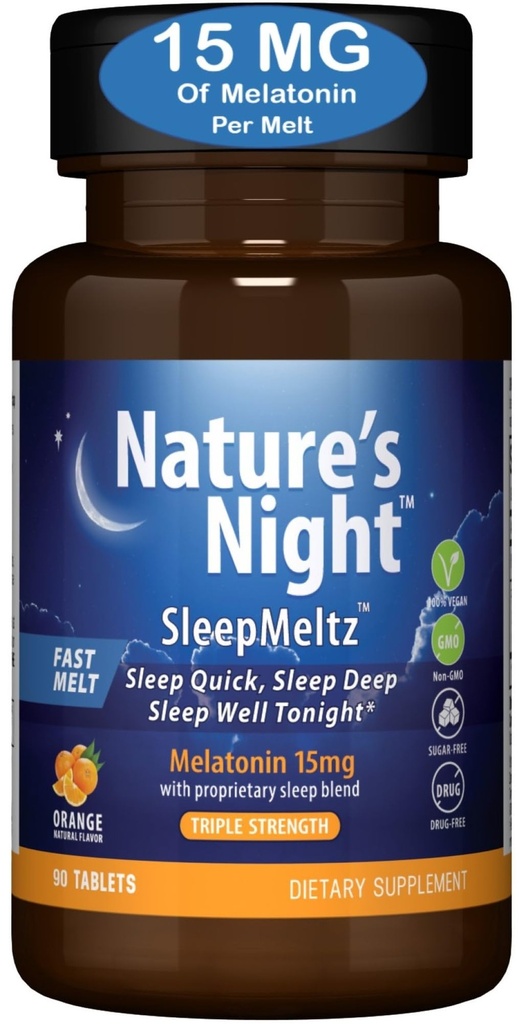Nature's Night Triple Strength Dissolve rapide Melatonin 15mg avec mélange de soutien