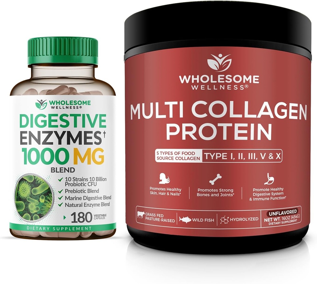 Vollständige Wellness Verdauungsenzyme 1000MG Plus Präbiotika & Probiotika Supplement + Multi Collagen Protein Powder Hydrolyzed (Typ I II III V X) Bundle