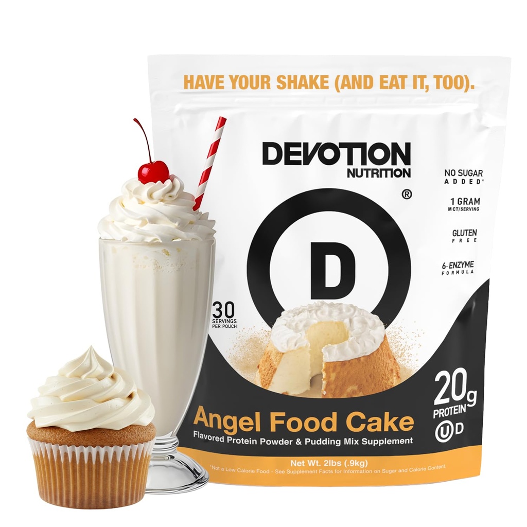 Devotion Nutrition Angel Food Cake Protein Powder for Shakes, Bake, Pancakes, Desserts – 20g Whey Isolate & Casein Protein Blend – Pas d'ajout de sucre, faible teneur en glucides, sans gluten, avec MCT – 2lb