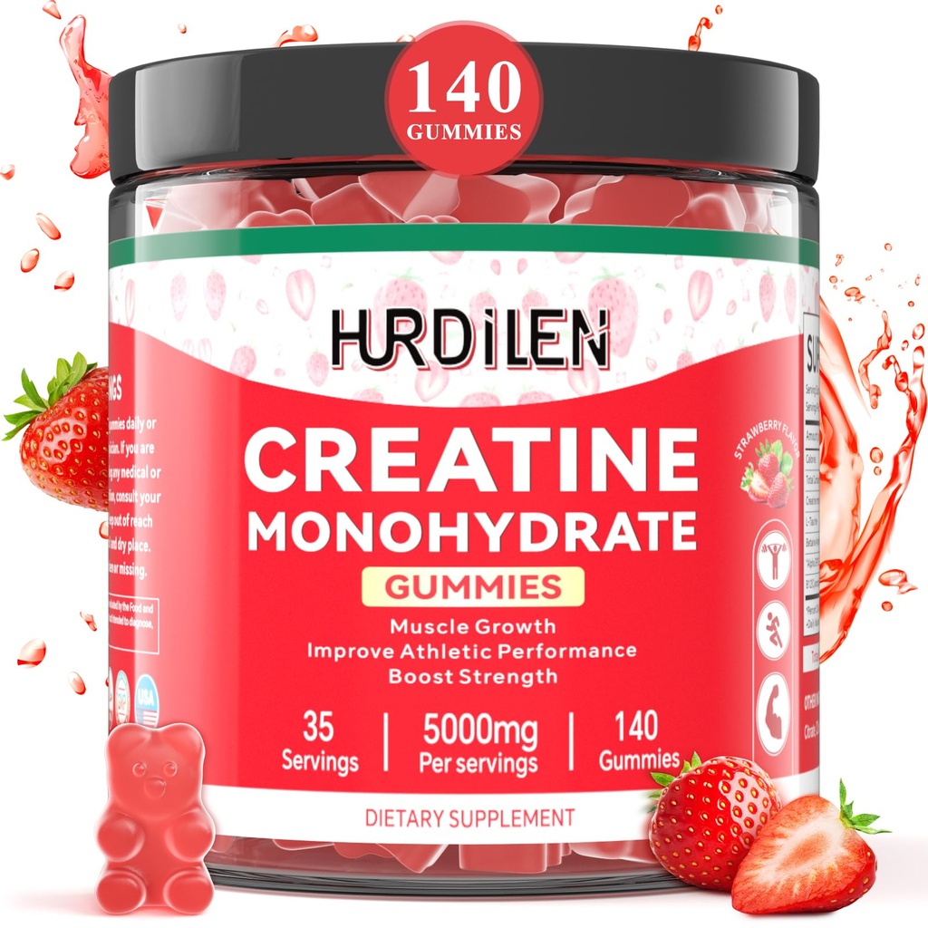 140 Count Creatine Monohydrate Gummi, 5000mg Kreatin Monohydrat Keine Zuckergummis für Frauen & Männer mit L-Taurin, Vitamin B12 für Muskelkraft, Muskelrückgewinnung, Glute Builder, Energie Boost