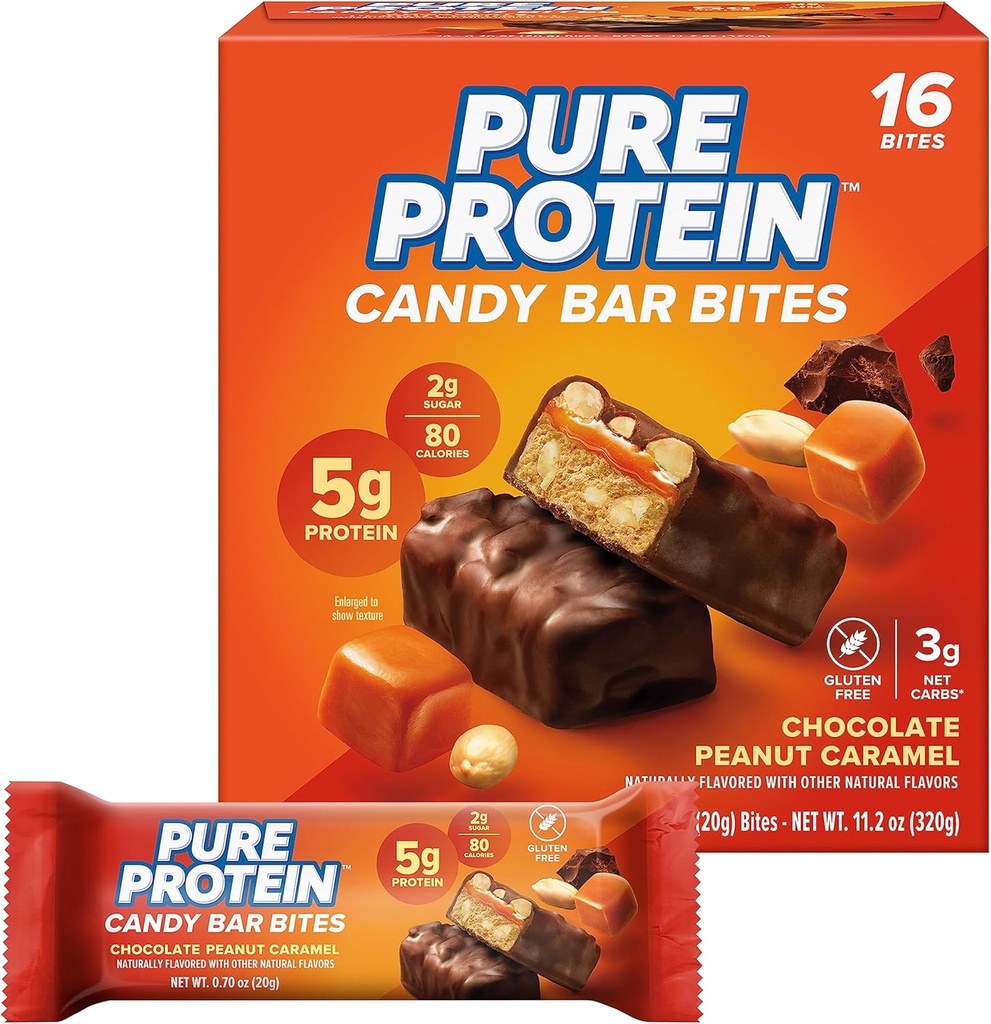 Morceaux de barres de conserve de protéines pures, caramel d'arachides au chocolat, 5g de protéines, sans gluten, faible teneur en sucre, 0,70 oz, 16 emballages (paquetage mai vary)
