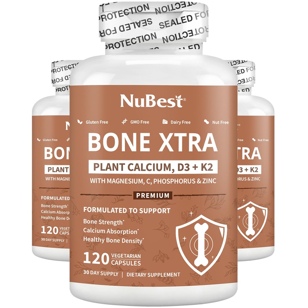 Knochen Xtra - Vegane Knochenstärke Formel für stärkere Knochen, pflanzenbasiertes Calcium von Marine Algen, Vitamine D3, Vitamin K2, Magnesium, Phosphor &amp; Mehr für Teens, Erwachsene - 3 Monate Versorgung | 3 Pack