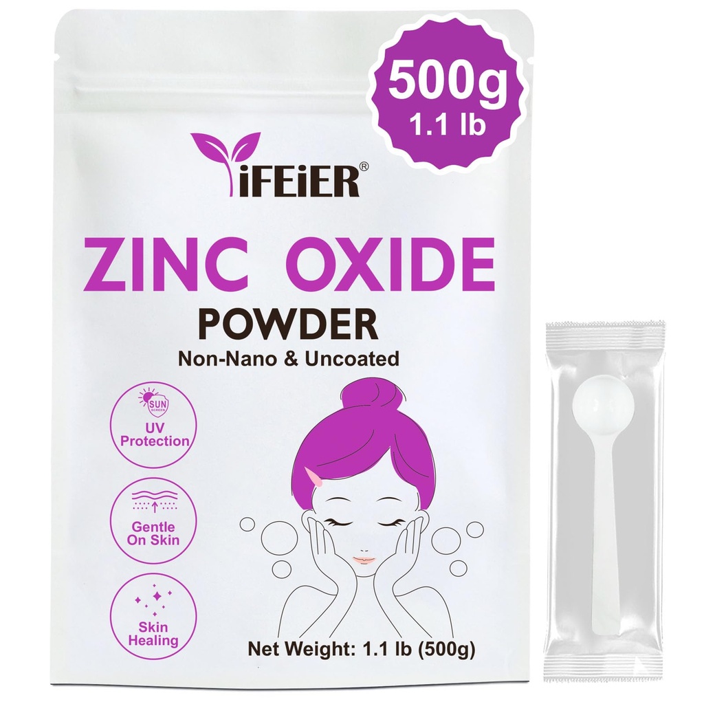Poudre d'oxyde de zinc iFEier 500g(1,1 lb) Poudre d'oxyde de zinc 100% Pure Non Nano Non Coté pour la protection de la peau