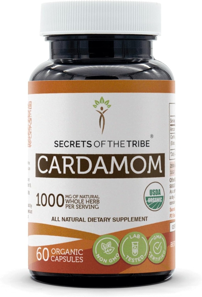 Secrets of the Tribe Cardamom 60 Kapseln, Hergestellt mit Gemüsekapseln und USDA Organic Cardamom (Elettaria cardamomum) Getrocknetes Pod (60 Kapseln)