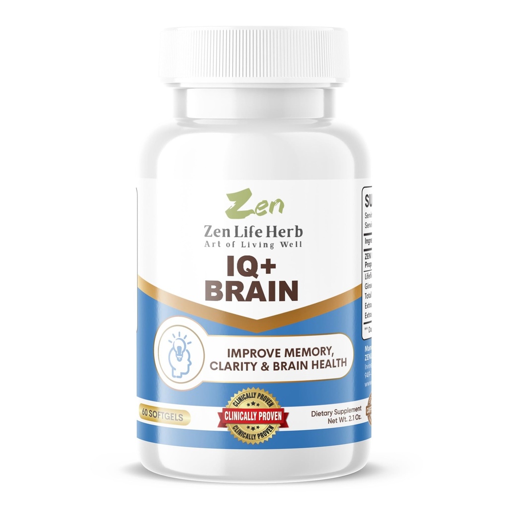 ZEN VIE HERB IQ+ Cerveau - Sans caféine, concentré, concentration, mémoire et énergie testés cliniquement, supplément naturel à base de plantes, pas de vitamines/minéraux, champignons/sucre (60 softgels)