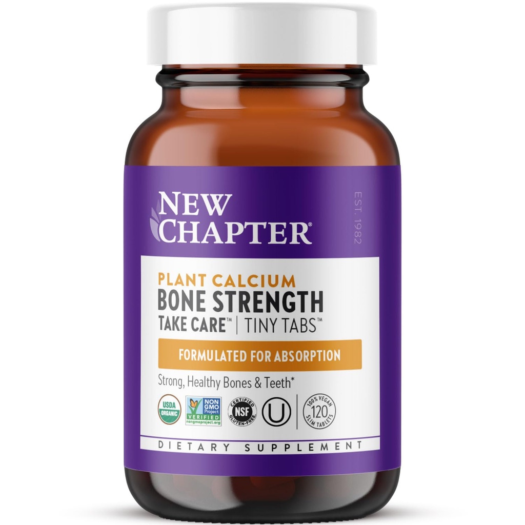 Nouveau chapitre Supplément de calcium - Onglets minces de résistance aux os Calcium biologique avec magnésium, vitamine D3+K2, 70+ minéraux traces pour la santé des os, sans gluten, facile à avaler - 120 ct