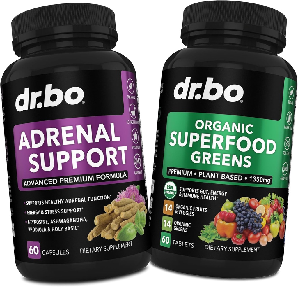 Adrenal Support & Organic Superfood Greens & Fruit Supplements - Daily Energy Super Food Fruits and Veggies Supplement Tablets Plus pflanzliche Lebensmittel
