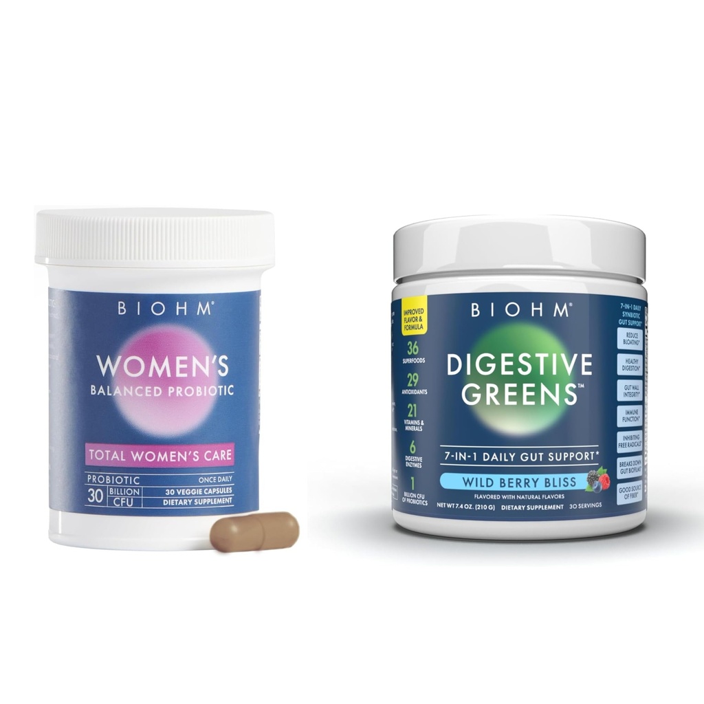 BIOHM Women's Probiotics 30B CFU & Super Greens/Kids Berry Blast Bundle: Gut & Overall Health Support, 9 Strains, 30-Day Supply, Rich in Antioxidants