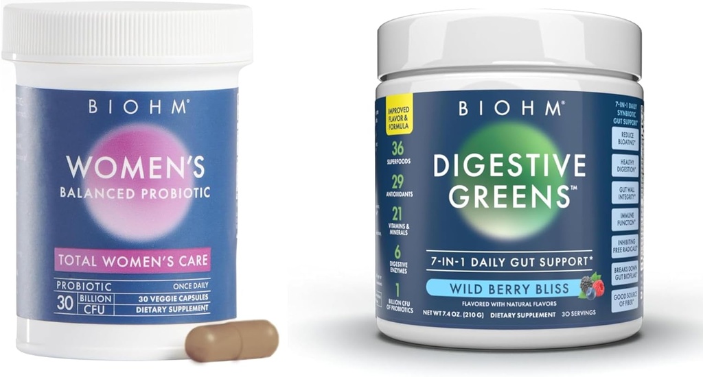 BIOHM Women's Probiotics 30B CFU & Super Greens/Kids Berry Blast Bundle: Gut & Overall Health Support, 9 Strains, 30-Day Supply, Rich in Antioxidantien