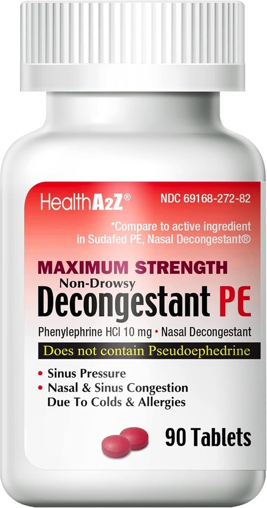 HealthA2Z® Dekongestant PE | Phenylephrine HCl 10 mg | Maximale Stärke | Nicht-Droxy Nasal & Sinus Congestion Relief Aufgrund von Kälte & Allergien (90 Count (Pack von 1))