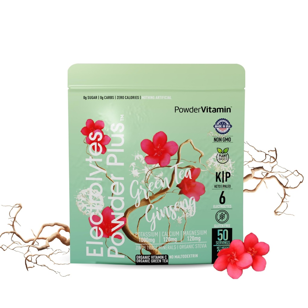 PowderVitamin Elektrolyte Pulver Plus (50 Portionen) Grüner Tee Ginseng Elektrolyt Pulver Keto, Zuckerfrei, Rosa Himalaya Salz, 1000mg Kalium, 120mg Calcium, 120mg Magnesium, Hydration Pulver