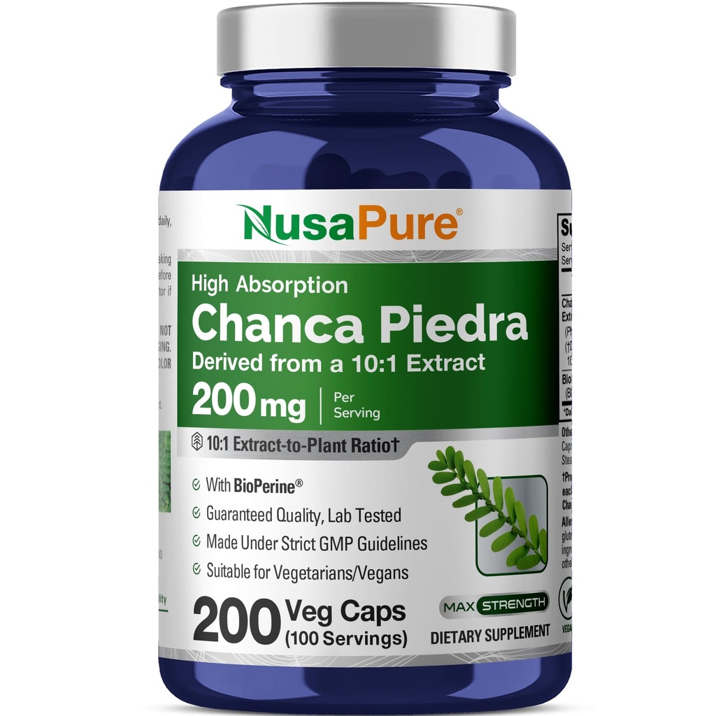 NusaPure Chanca Piedra 2000mg. 200 capsules de légumes Supplément d'extrait d'herbes Extrait 10:1, Non-OGM, Bioperine. 100 portions par bouteille