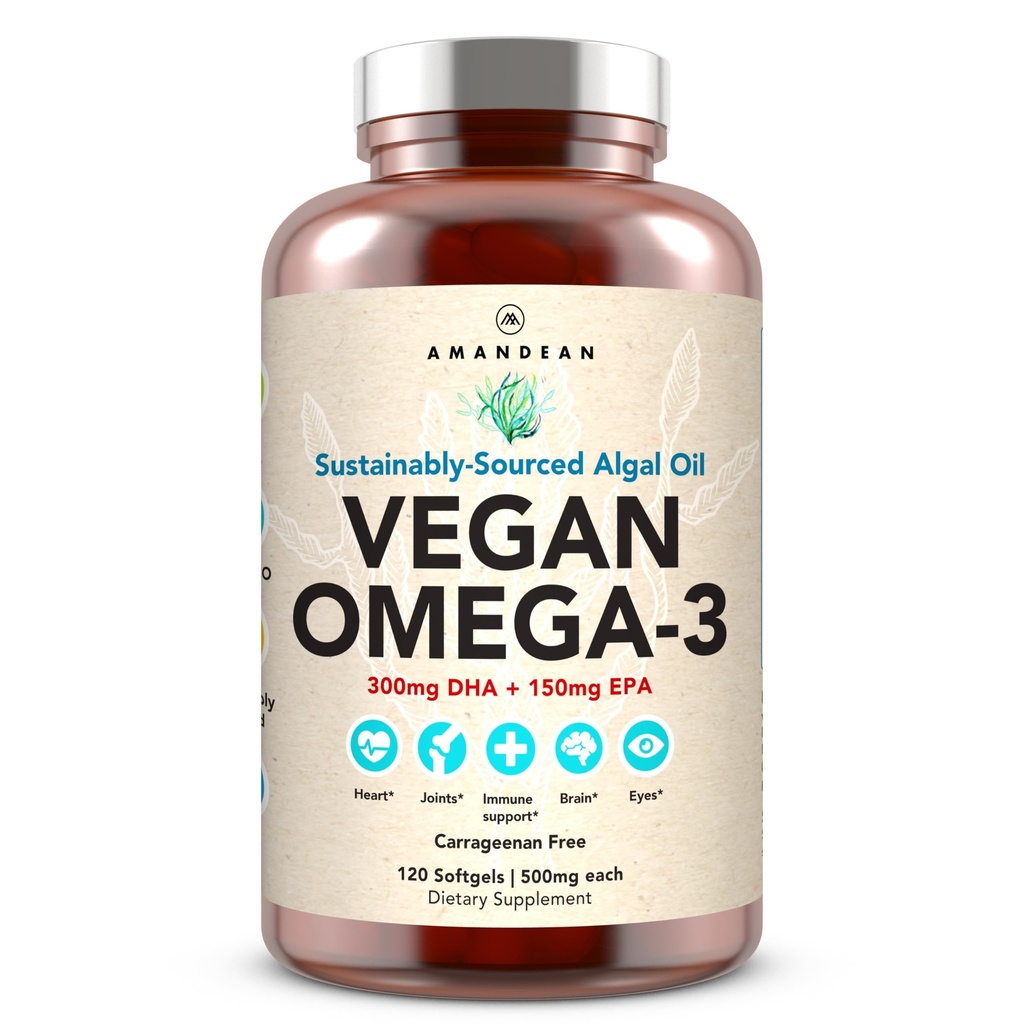 Supplément d'AMANDEAN Vegan Omega 3. Huile de poisson de qualité supérieure. Algae DHA & EPA. Moutons sans carrageenan. Acides gras essentiels alcalins. Cœur à base de plantes, cerveau, yeux, peau, soutien immunitaire. (120ct)
