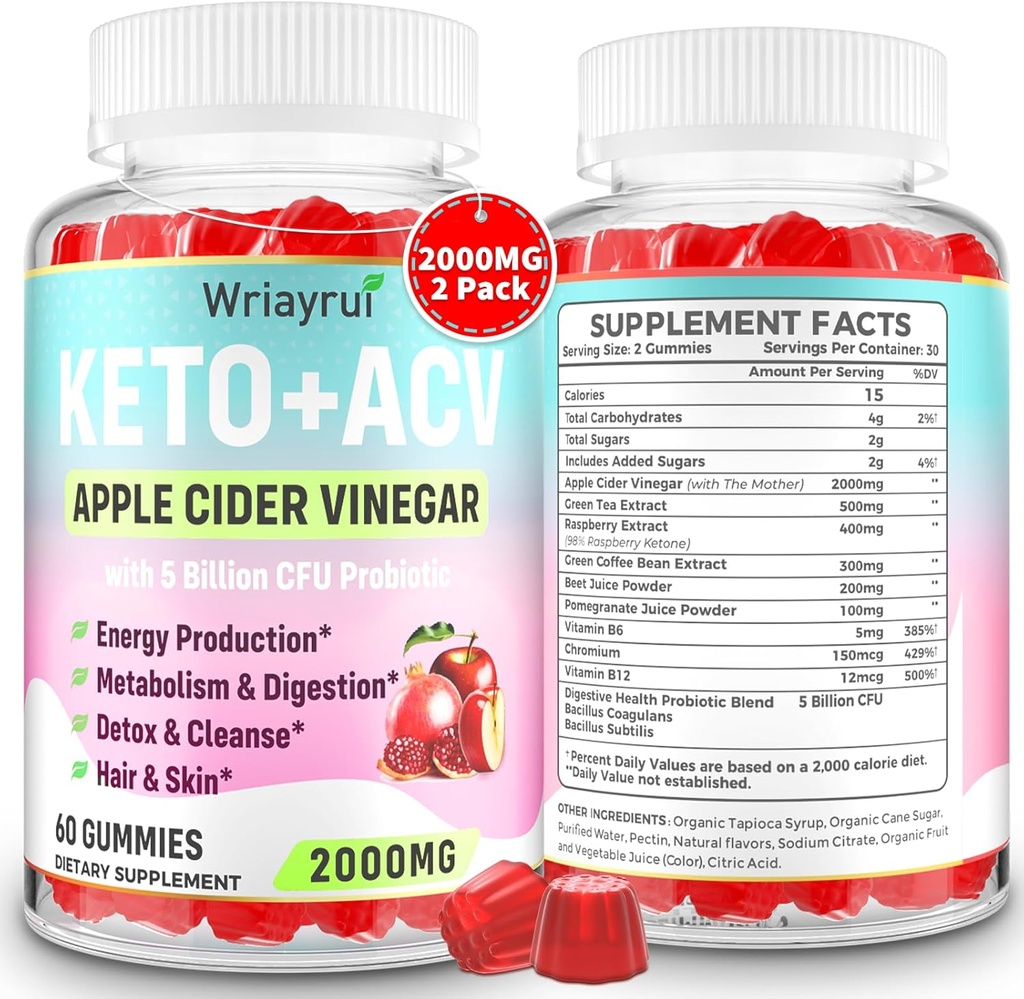 Gummies de vinaigre de cidre de pomme avec mère, pour le métabolisme, la digestion, la désintoxication et le nettoyage, sans sucre, végan-friendly, 120 Gummies
