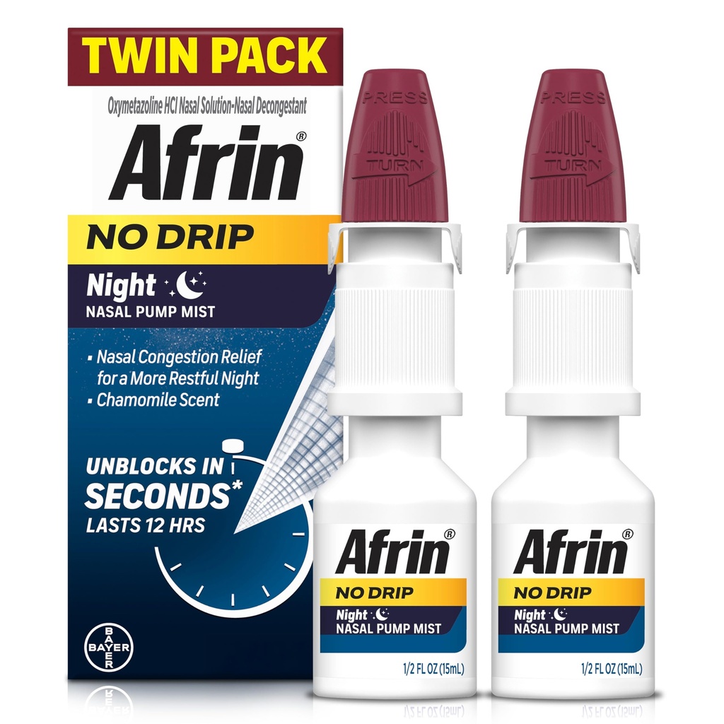 AFRIN No Drip Night Nasal Mist Twin Pack, Non-Drowsy, Fast-Acting Decongestant für restful Sleep mit Kamille Duft, Erwachsene und Kinder 6 und älter, .5 fl oz (Pack von 2)
