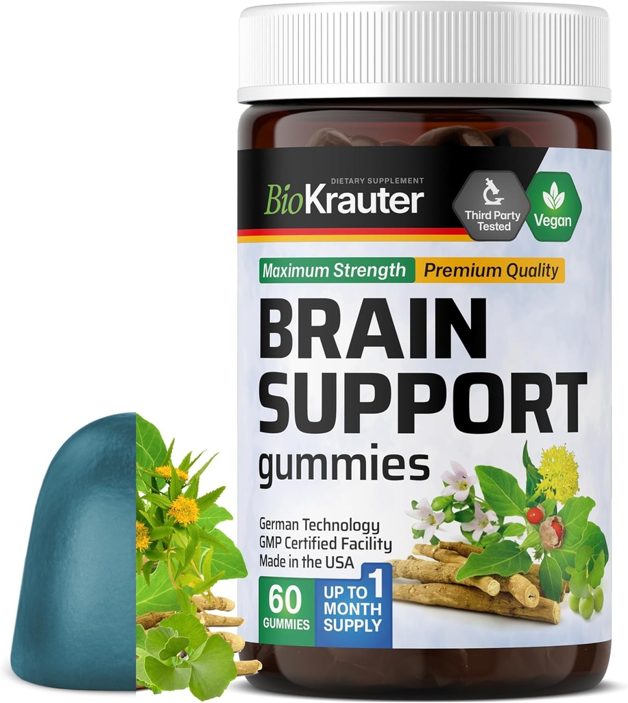 BIO KRAUTER Brain Support Gummis - 60 Vegan Chews - Natural Brain Supplement - Ashwagandha, Ginkgo Biloba, Bacopa, DMAE und Vitamine für kognitive Unterstützung