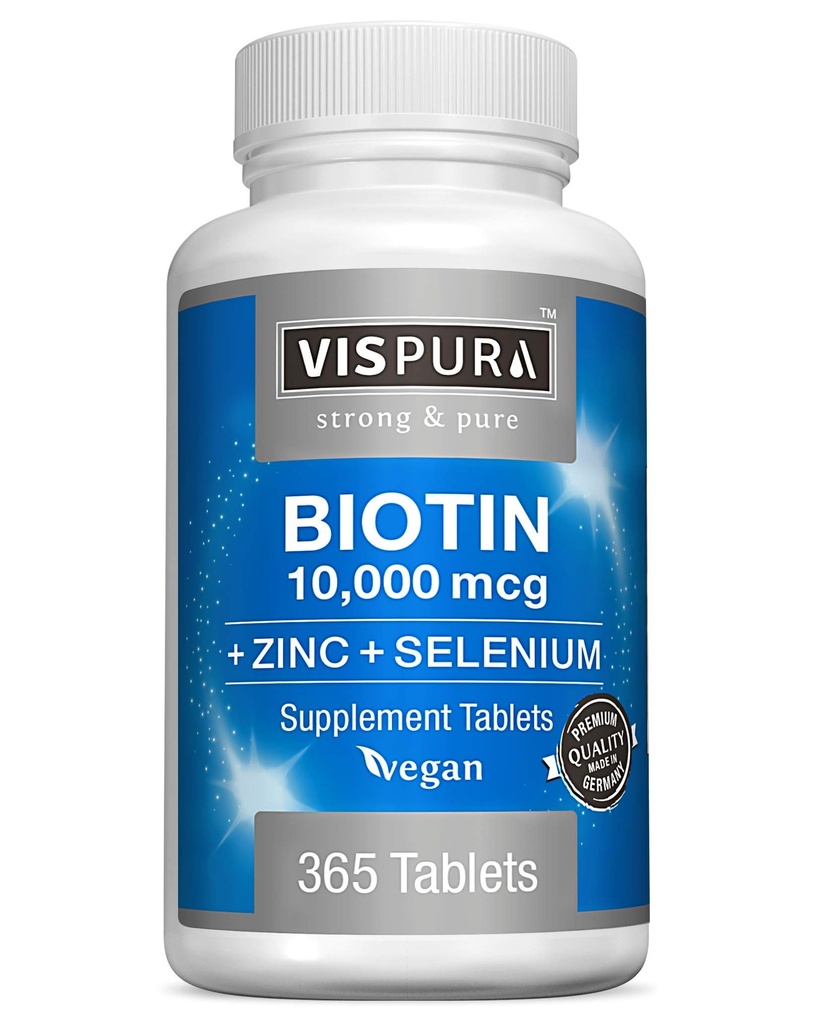 Biotin 10000 mcg + Zink + Selen, rein, vegan & extra stark, beste Ergänzung für Haarwachstum, leuchtende Haut, starke Nägel*, 365 Tabletten für 12 Monate, natürlich ohne Zusatzstoffe