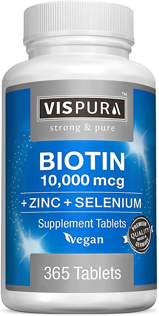 Biotine 10000 mcg + zinc + sélénium, pur, végétalien et extra fort, meilleur supplément pour la croissance des cheveux, peau glamour, ongles forts*, 365 comprimés pendant 12 mois, naturels sans additifs