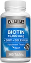 Biotin 10000 mcg + Zink + Selen, Rein, Vegan & Extra Stark, Beste Ergänzung für Haarwachstum, Glanz Haut, Starke Nägel*, 365 Tabletten für 12 Monate, Natürlich ohne Zusatzstoffe