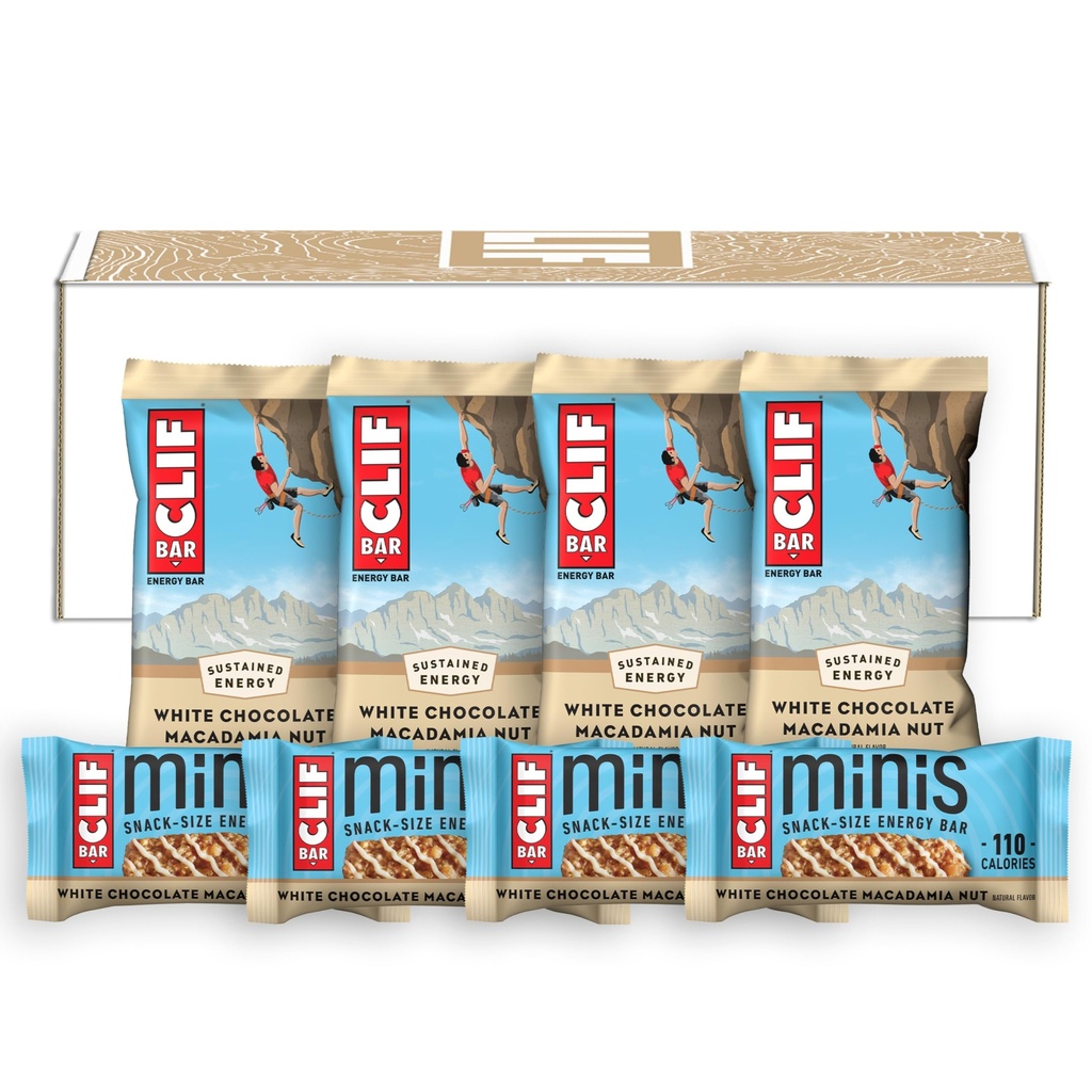 BAR CLIF - Chocolat blanc Saveur de noix de macadamia - Barres pleines et mini-énergie - Fabriqué avec de l'avoine biologique - Non-OGM - Basé sur une plante - 2,4 oz. et 0,99 oz. (20 Nombre)