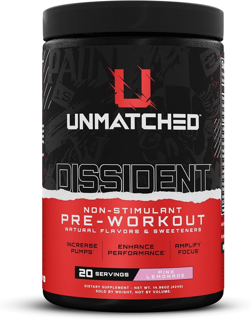 Unmatched Dissident Non Stim Pre Workout Pulver für Männer & Frauen | Citrulline, Beta Alanine, Peak ATP | Natürliche Aromen & Süßungsmittel | 20 Servierungen (Pink Lemonade)
