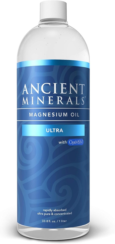 Antike Mineralien Magnesium Öl Ultra mit OptiMSM, Refill 33.8 oz. - Reine echte Zechstein Magnesium Chloride Supplement mit MSM - Beste topische Haut Anwendung für die Hautabsorption
