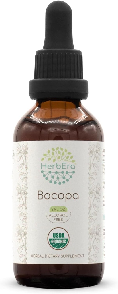 HerbEra Bacopa B60 USDA Organic Tincture | Alkoholfreier Extrakt, hochkarätige Kräutertropfen, Entspannung, Positive kognitive Wirkung | Zertifizierte Bio Bacopa (Bacopa Monnieri) Getrocknete Kräuter (2 fl oz)