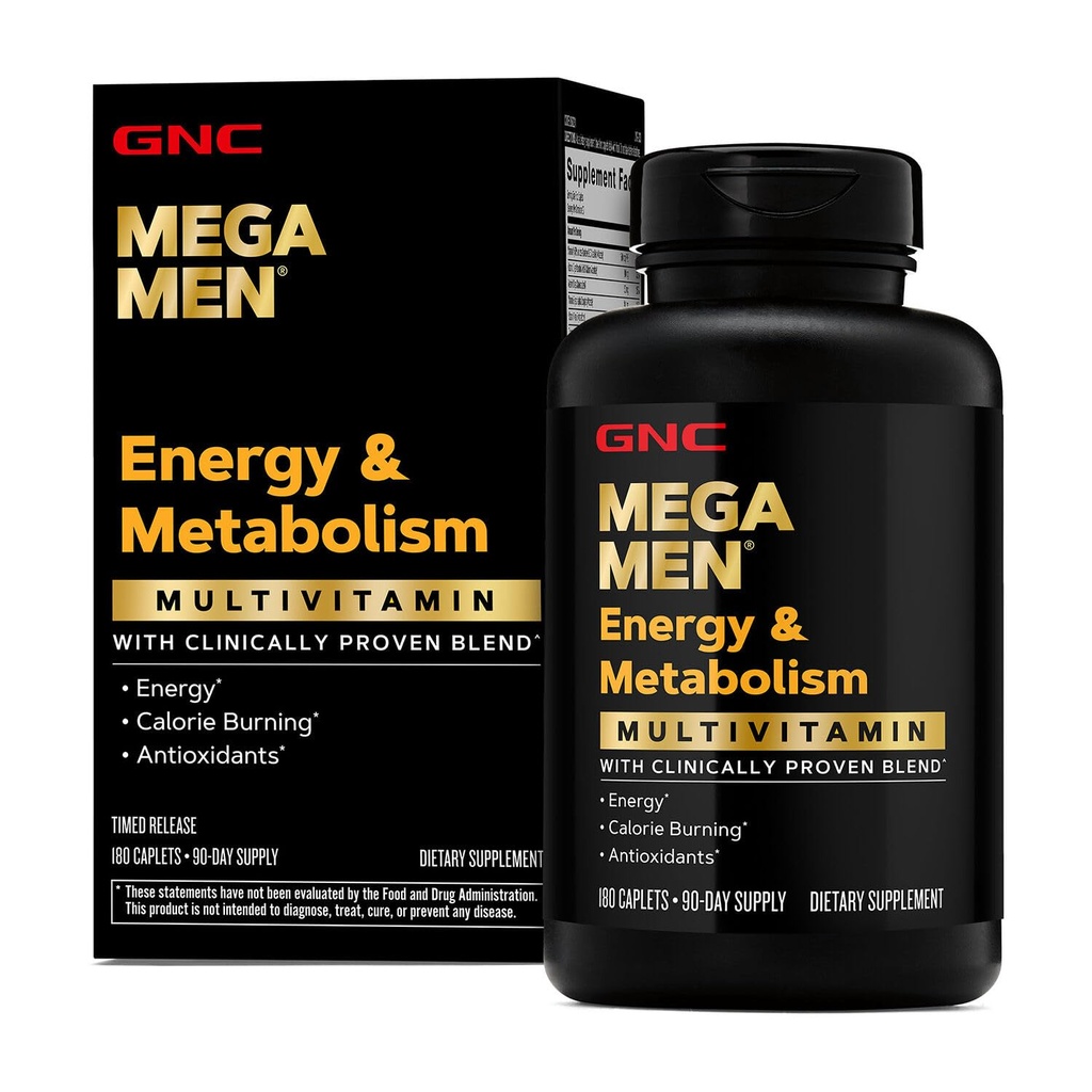 GNC Mega Men Energy & Metabolism Multivitamin Caplets, Klinisch bewährt, um besser zu fühlen, Calorie Burn, Fokus, 100mg Koffein, Thermogenic, Immune, B Vitamine, Timed Release, 180 Count, 90 Day Supply