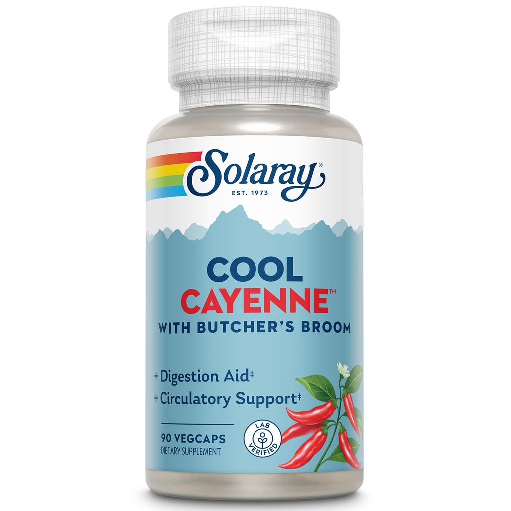 SOLARAY Cool Cayenne Pfeffer 40.000 HU mit Metzgern Broom für gesunde Zirkulation Unterstützung | 90 VegCaps